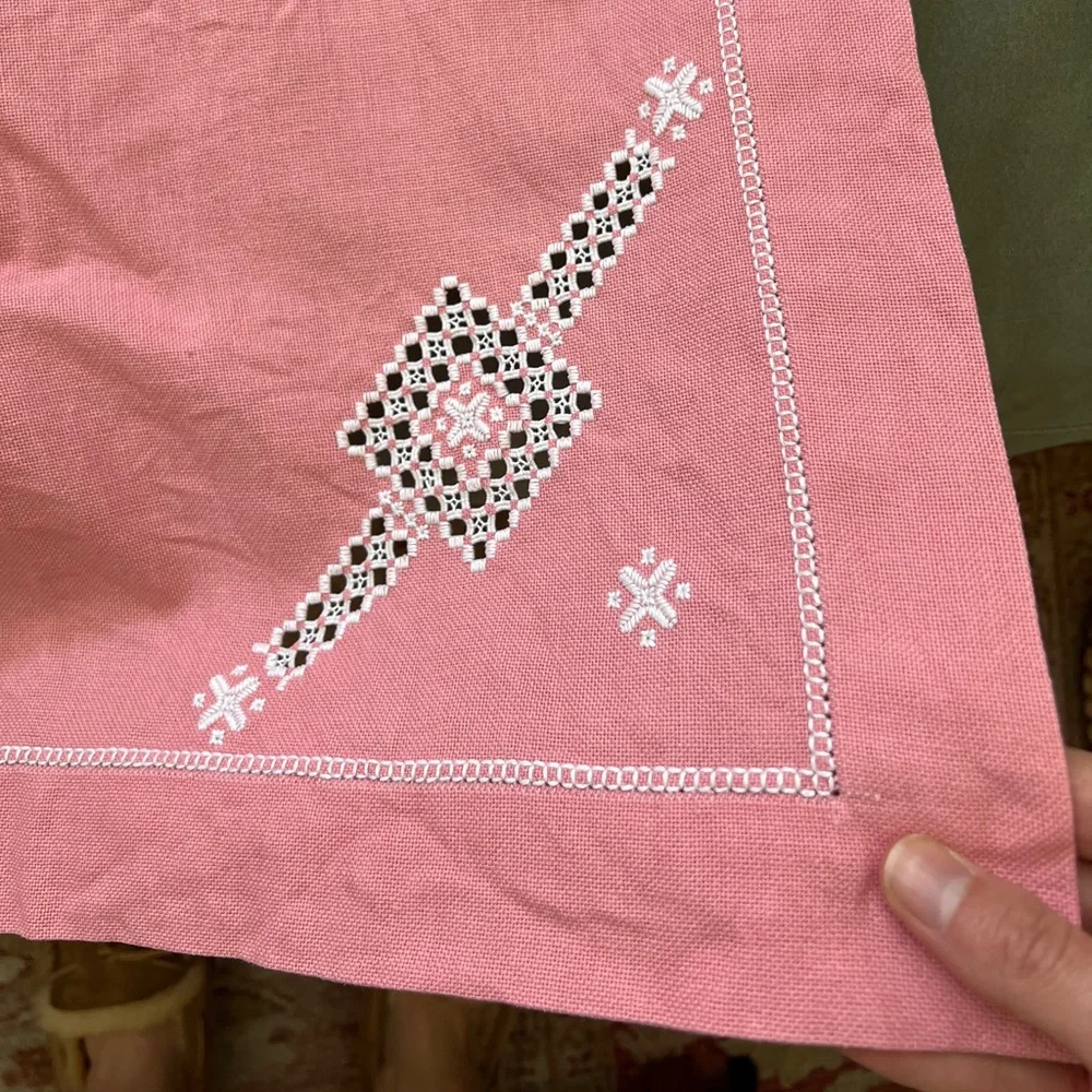 Vintage Pink White Hardanger Norwegian Embroidery 46” square cotton tablecloth